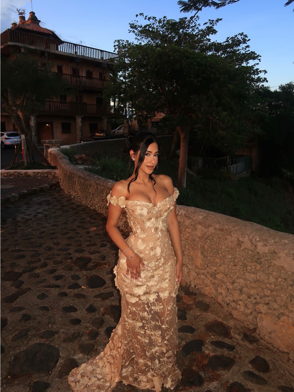 Bronx and Banco Champagne Floral Lace Off-Shoulder Gown